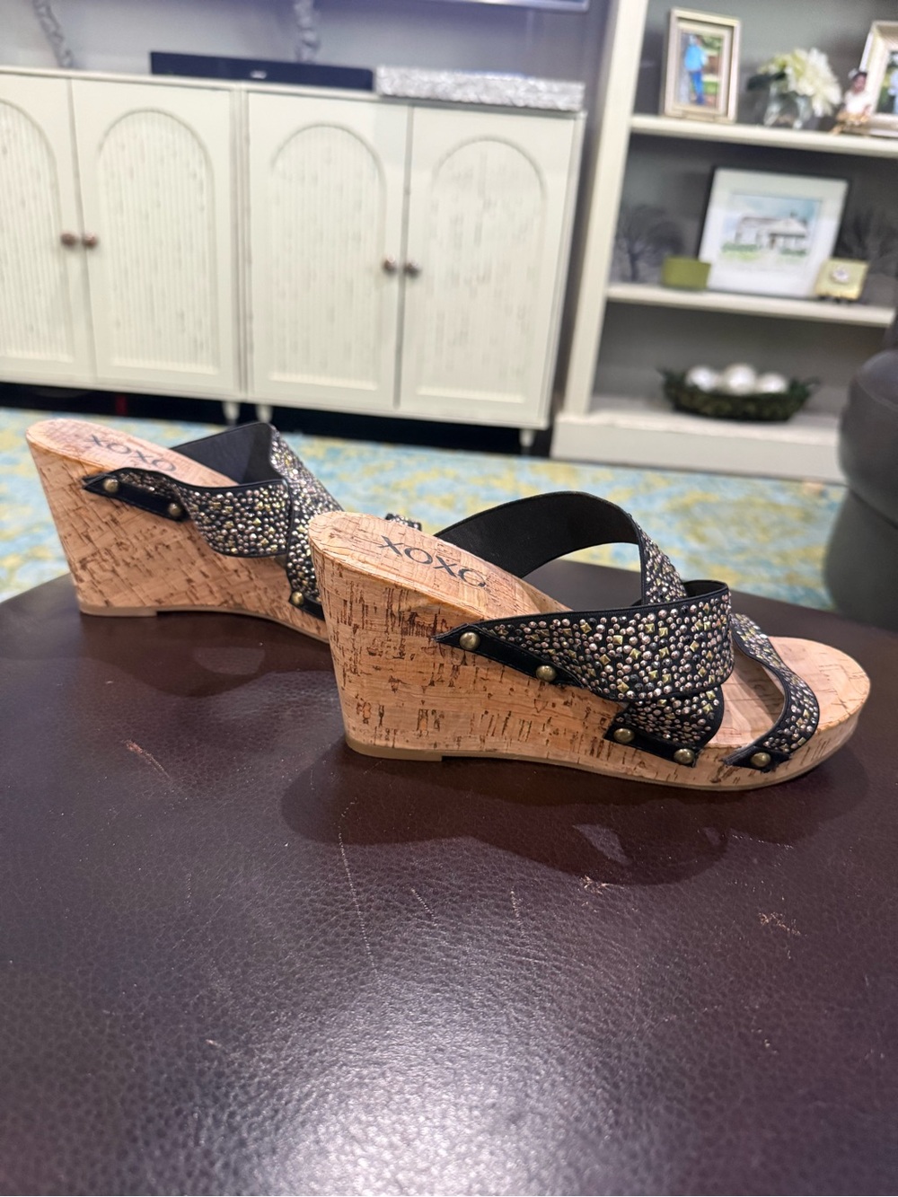 XOXO Black Rhinestone Cork Wedge Sandals